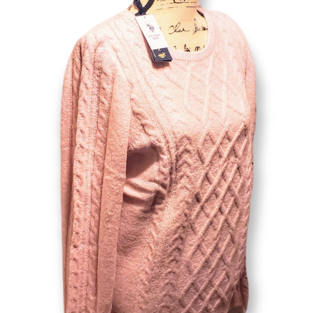 Silver Threaded US Polo Assn Argyle Cable Knit Pink Warm Sweater | Size XL